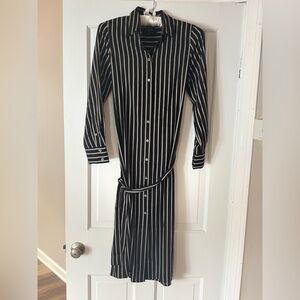Banana Republic Black and Cream Striped Long Sleeve Dress